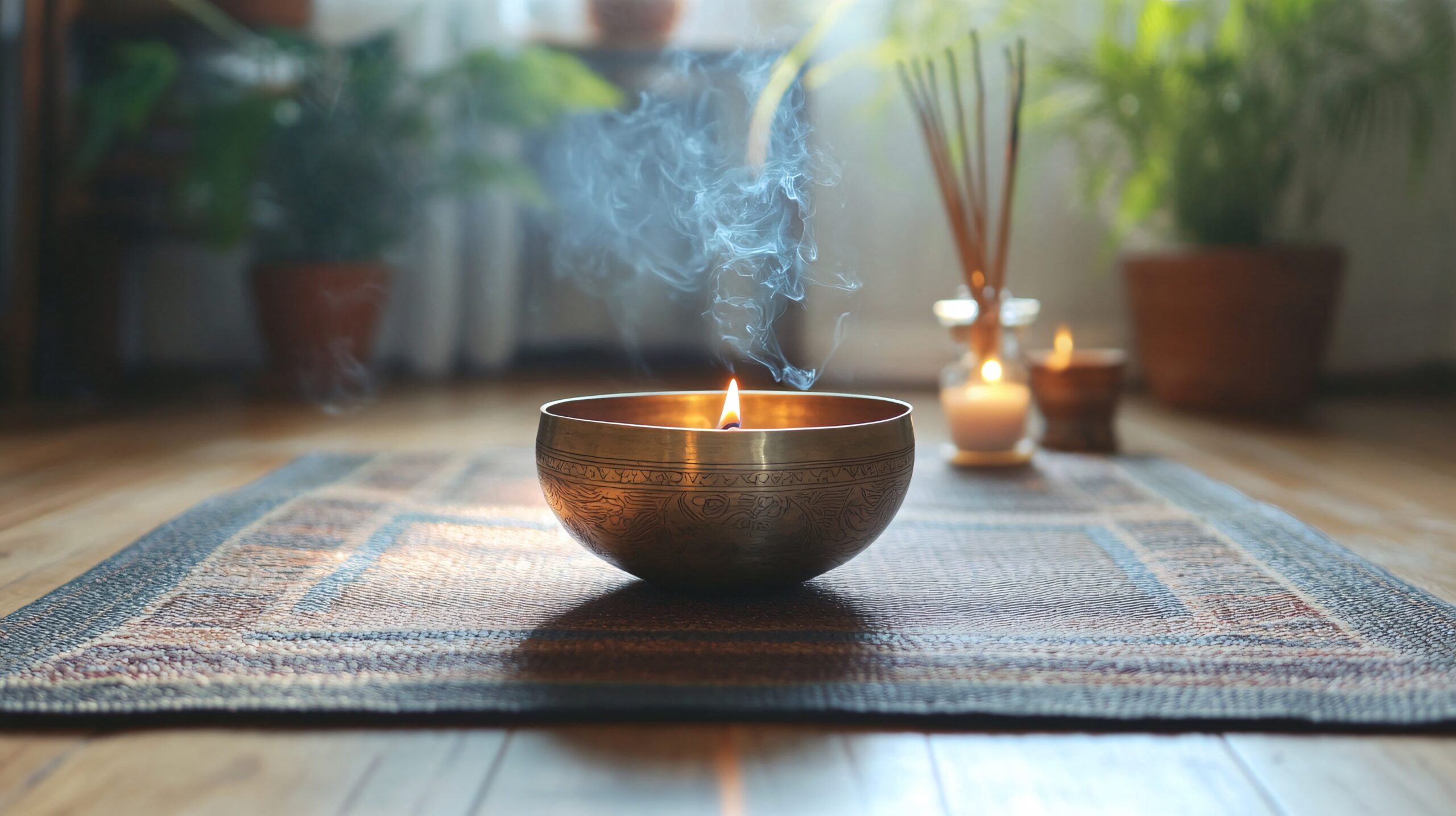 A Beautiful Singing Bowl Resting on a Vibrant Yoga Mat A Beautiful Singing Bowl Resting on a Vibrant Yoga Mat